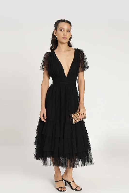 Madison Black Tulle Bridesmaid Midi Dress