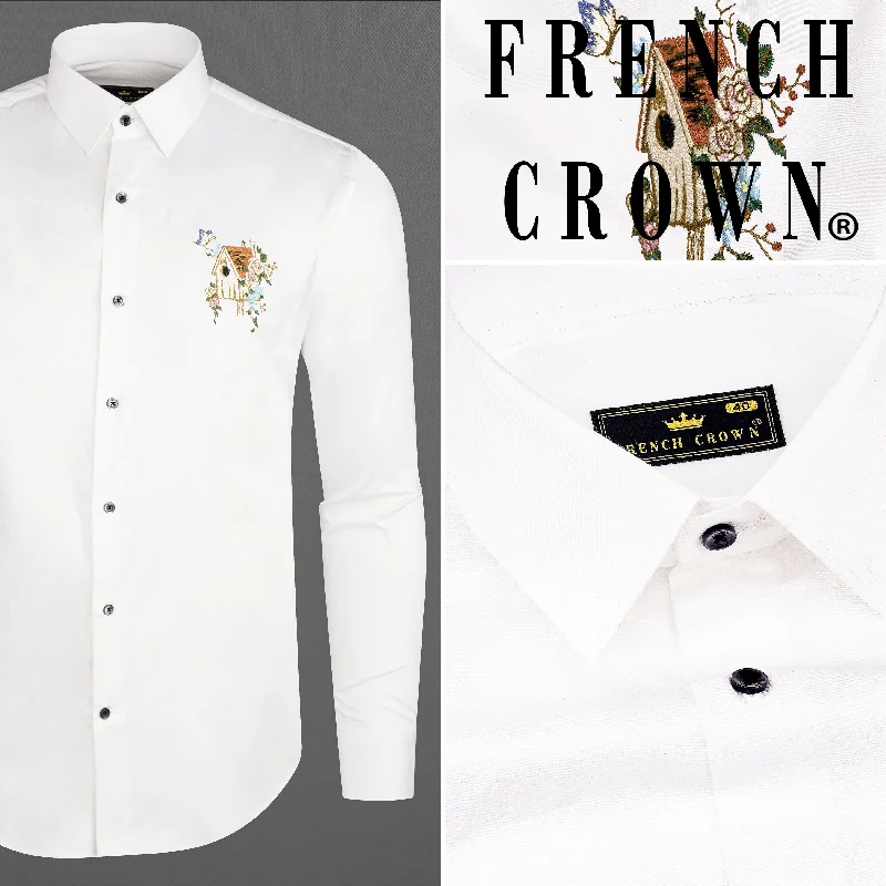 Bright White Subtle Sheen with House and Flower Embroidered Super Soft Premium Cotton Shirt