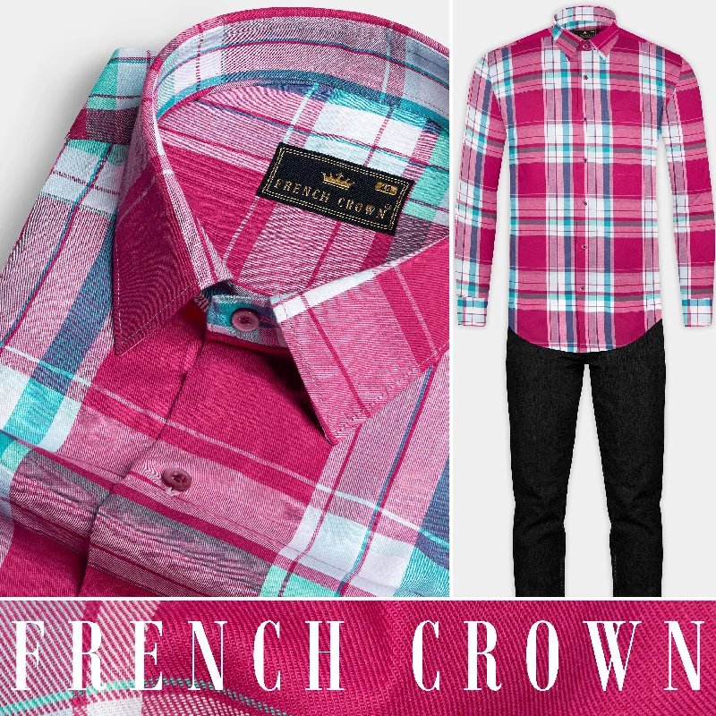 Hibiscus Pink with White and Aquamarine Green Twill Checkered Premium Cotton Shirt